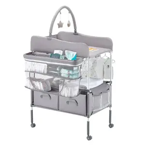 【DealsForYouDays】VEVOR Baby Changing Table, Foldable Diaper Change Station with 2 Fabric Drawers, Side Basket Hanging Rod, Adjustable Height Portable Changing Table with Lockable Wheels 2 Star Toys, Light Gray