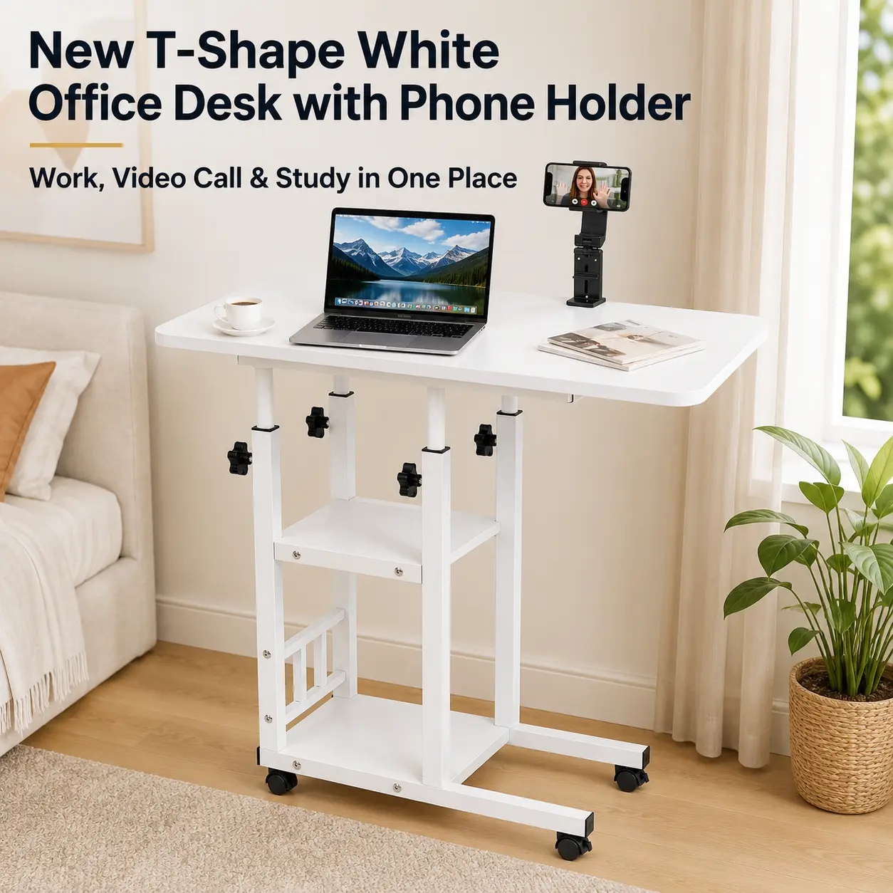 Height Adjustable Mobile Desk on Wheels with Built in Phone Holder, Rolling Laptop Table for Home Office Bedroom and Sofa Side, Compact Computer Desk for Working Studying Video Meetings and Everyday Tasks