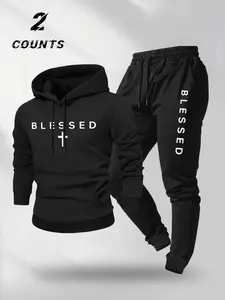 Men's Cross Faith Hoodie and Pants Set, American Style Loose Fleece Sports Two-Piece, Letter Cross Design, Casual Wear