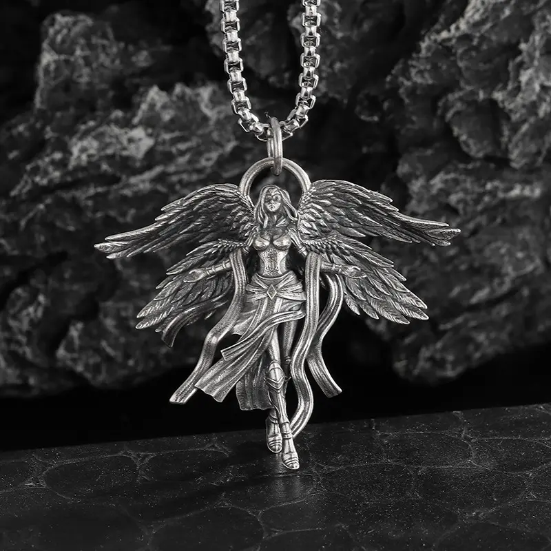 Vintage Textured 4-Wing Angel Pendant Necklace, Eco-Friendly Alloy Costume Jewelry, Fashionable Unique Goddess Accessory, Wholesale Available fashion gift long chain