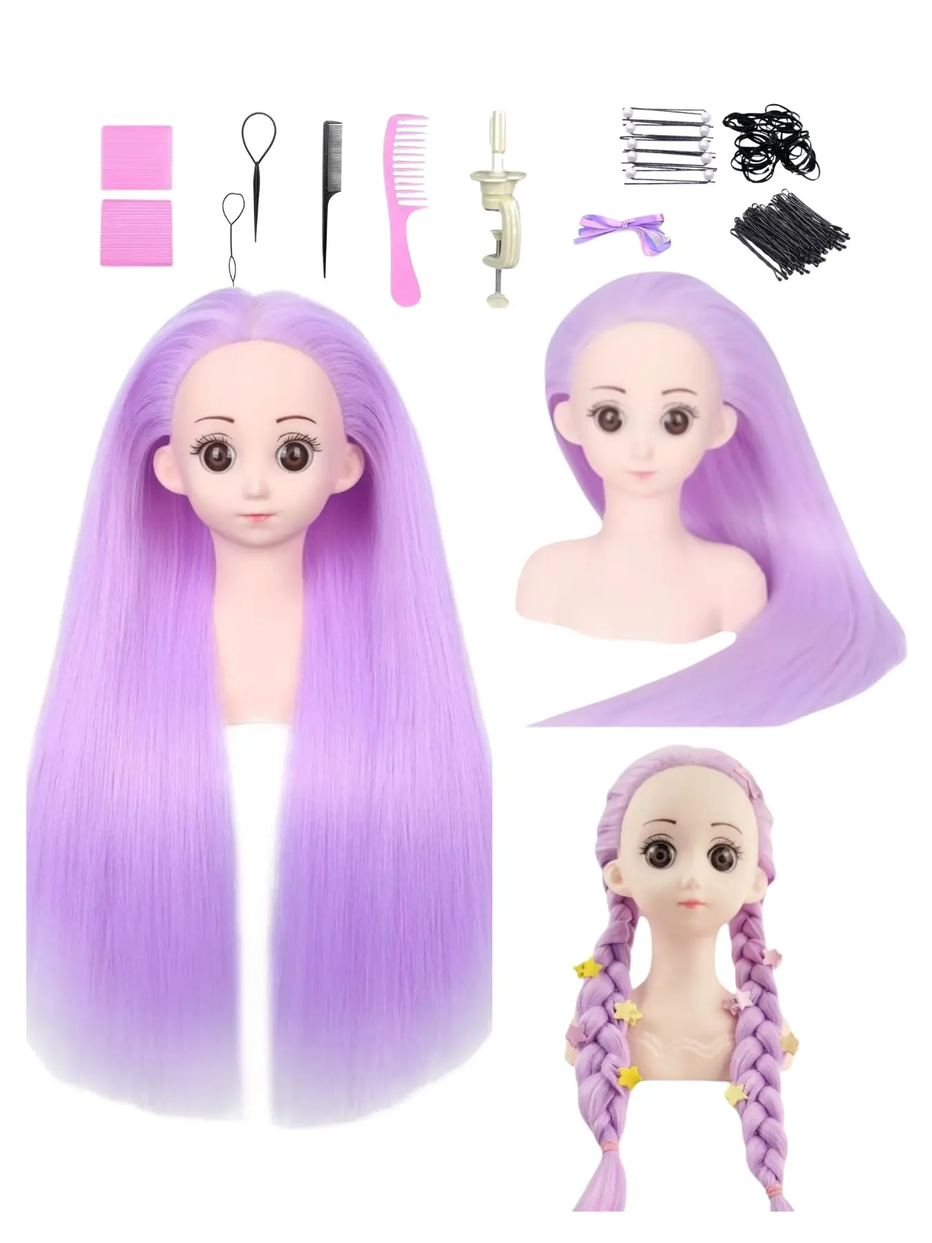 Purple Hair Styling Mannequin Doll Head For Girls, Kids Braiding Hair Toy With Synthetic Long Hair, DIY Hairstyle Practice Set With Clips Comb Accessories, Pretend Play Beauty Salon Toy, Fun Educational Gift For Children