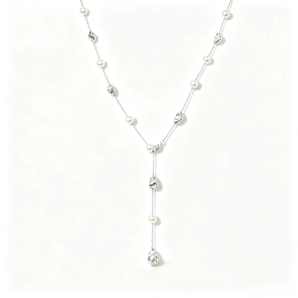 Women's Adjustable Y-Shaped Artificial Pearl Silver Cable Chain Necklace, 21g 51cm Dainty Beaded Adjustable Sliding Drop Pendant, Coquette Minimalist Costume Jewelry for Daily Wear & Dating, 51 Cm, Brass