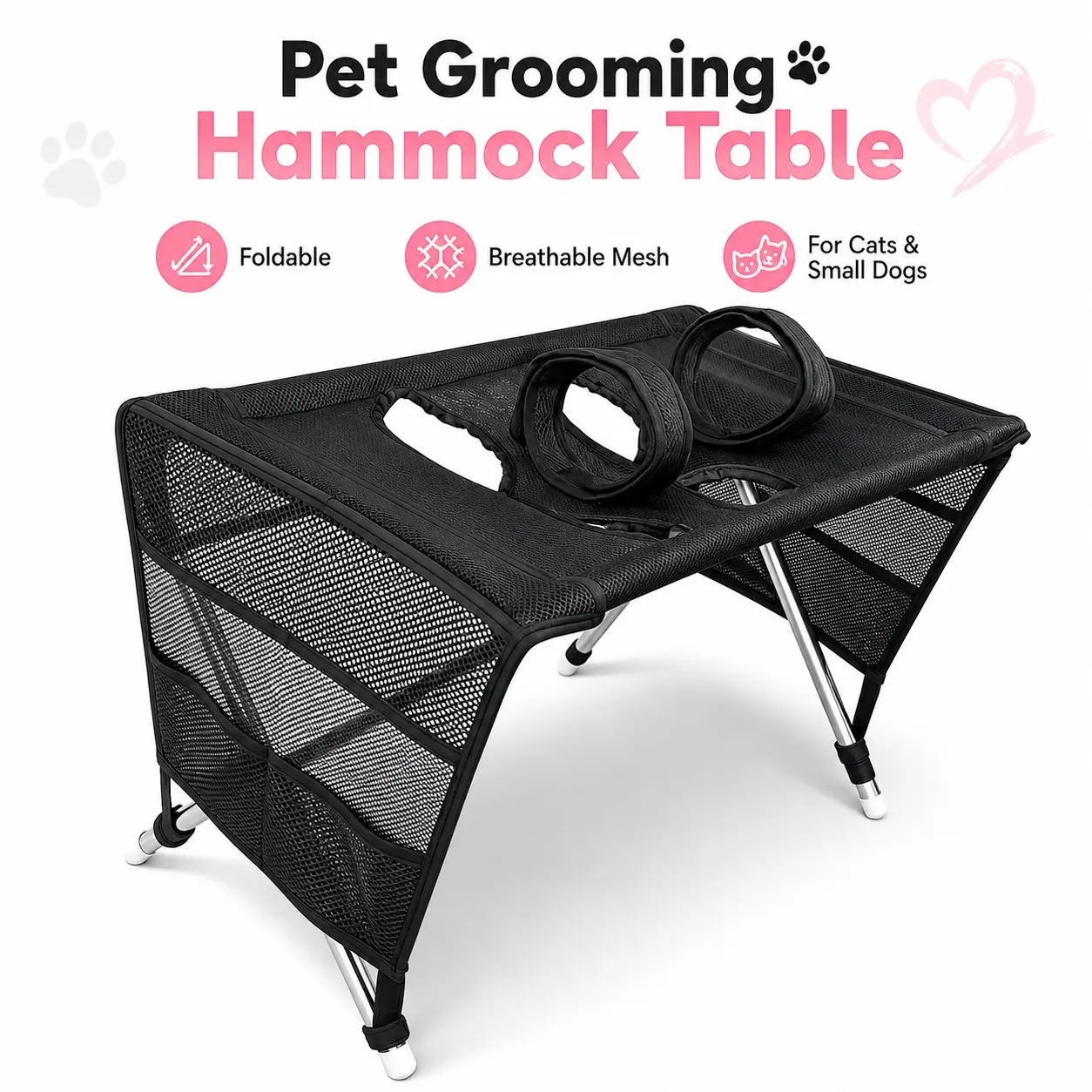 Portable Dog Cat Grooming Table with Secure Adjustable Arm and Pet Hammock, Foldable Home Grooming Station for Small Dogs Cats Bathing Trimming Care
