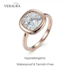 4ct Naked Gold Cushion Cut Bezel Ring Snag-Free Waterproof & Tarnish-Free  5A Grade Cubic Zirconia Hypoallergenic Minimalist Jewellery for Women