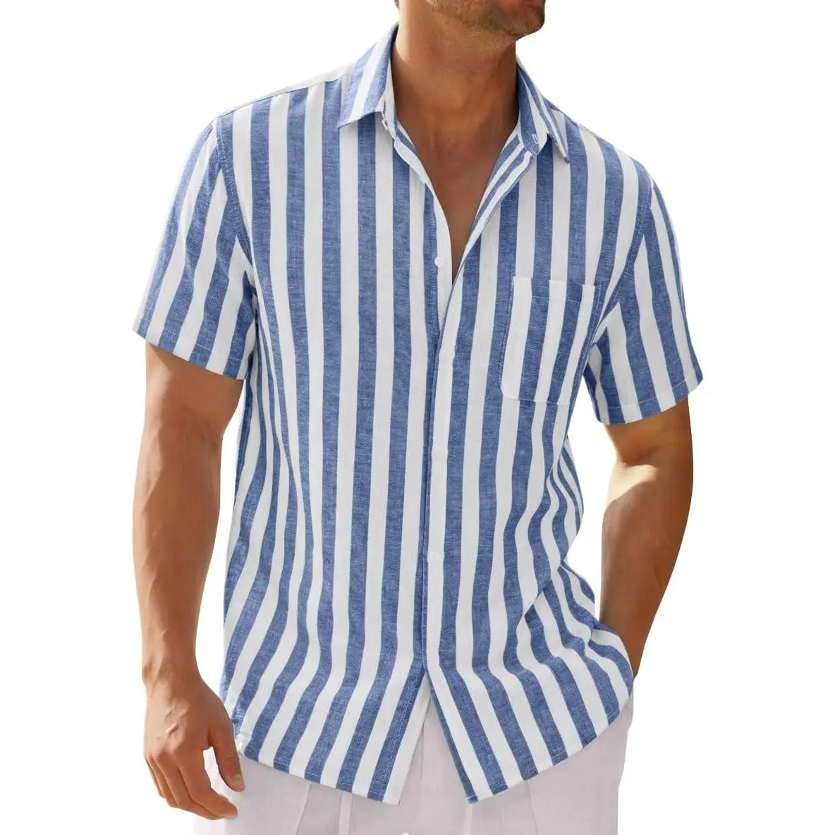 Runcati Men's Lightweight Linen Striped Regular Fit Button Down Short Sleeve Shirt with Left Chest Pocket for Summer Beach Vacation Loungewear, Striped Pattern