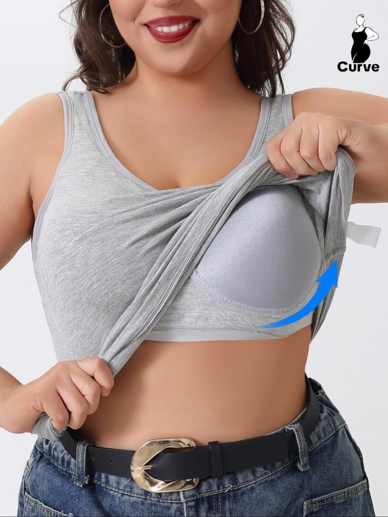 【Plus Size】 Solid Color Wireless Tanks, Soft Comfortable Breathable Tanks with Built in Bra, Women's Underwear for Daily Wear