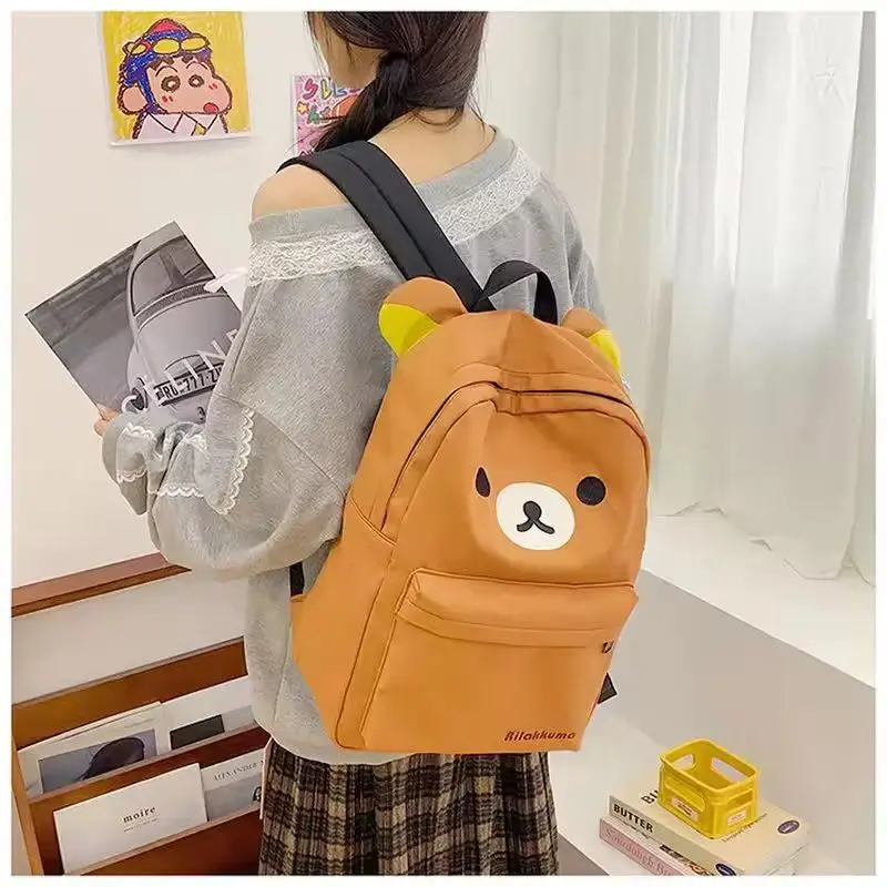 Cartoon Kawaii Rilakkumas Backpack Korilakkuma Embroidery Waterproof Nylon Backbag Large Capacity Girls Boys Student School Bag