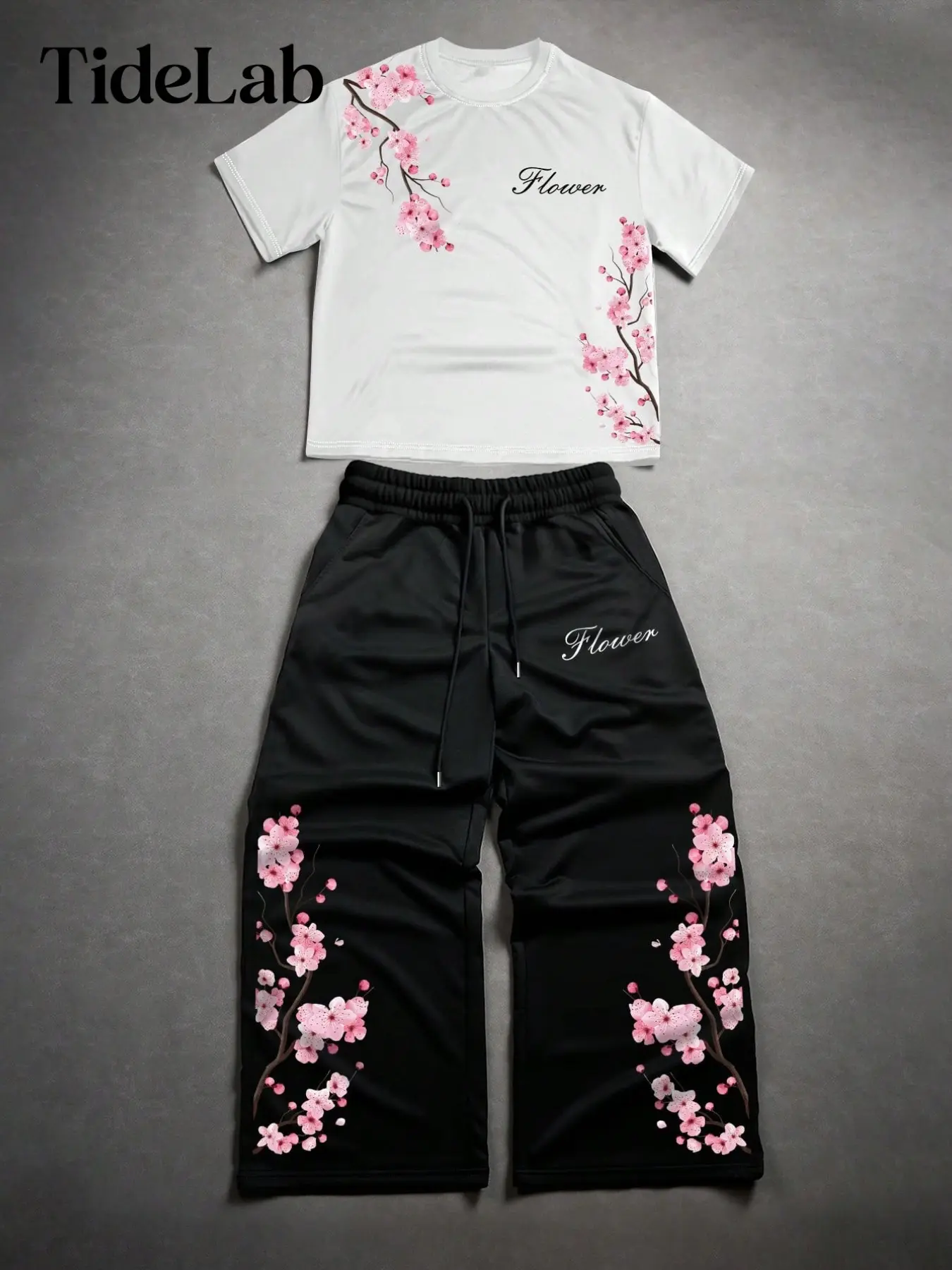 Unisex 2-Piece Set, Cherry Blossom Print Short Sleeve T-Shirt & Drawstring Long Pants, Millennial Style Casual Streetwear