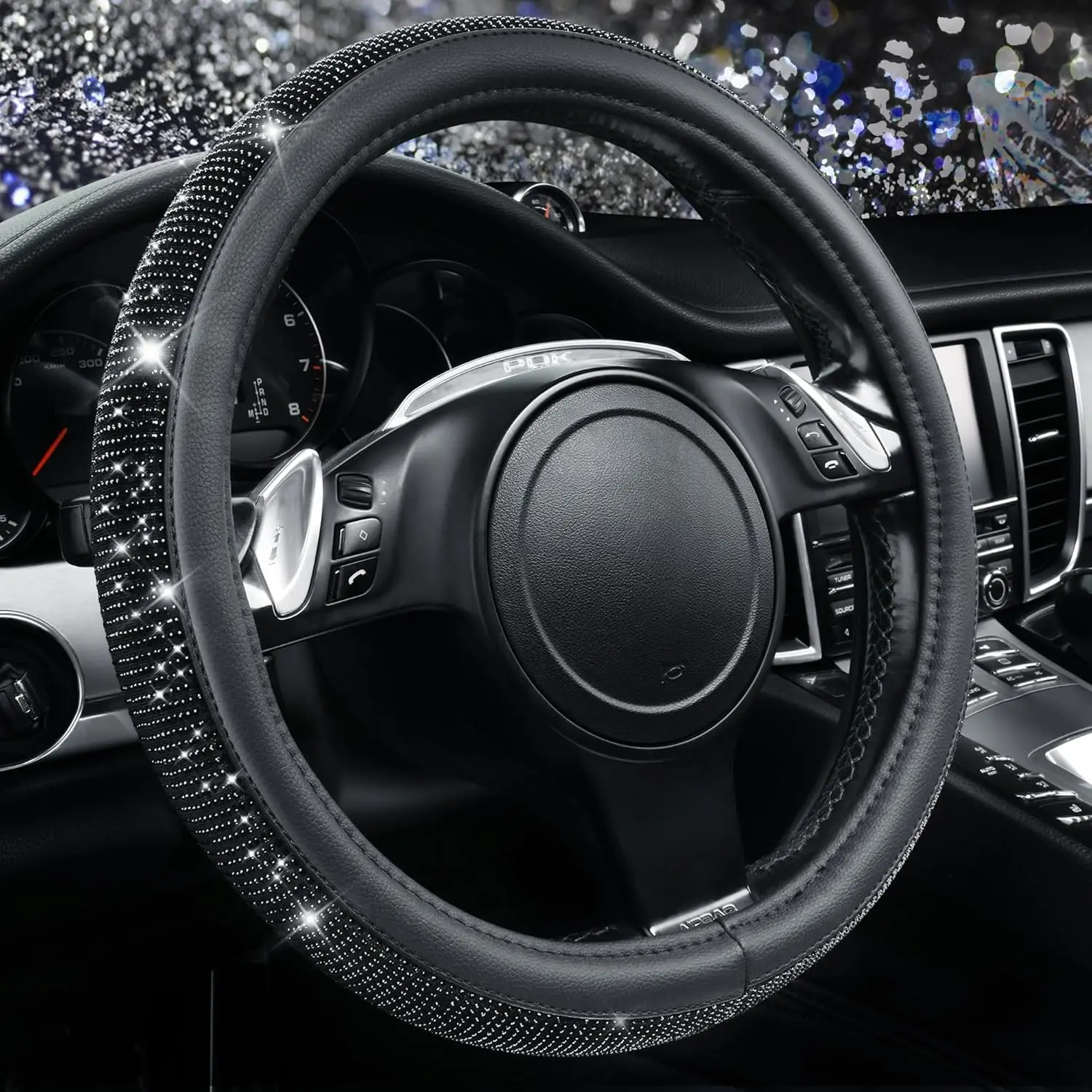 Bling Diamond Leather Steering Wheel Cover with Sparkly Crystal Glitter Rhinestones - Anti-Slip, Comfortable Feelings, Better Spotlight for Driving Cars Accessories, 14.5-15in Universal Fit for Women, SUVs, Sedans, Girls Car Interior Decor, Gift Idea