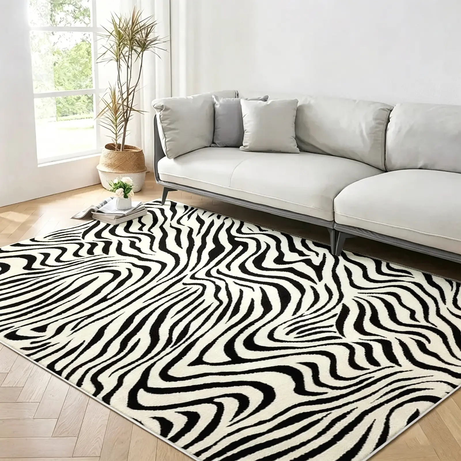 Bold Zebra Area Rug - Floor's Wild Side! Machine Washable Non-Slip Soft Low Pile Carpet for Living Room Decor. Trendy Aesthetic Living Room Rugs, 8x10 ft