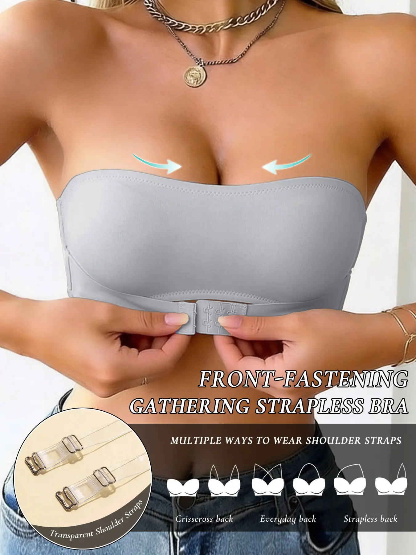 Front Clasp Jelly Strip Anti-Slip Strapless Bra for Wedding Party Evening, Push Up Seamless Invisible Bandeau for Off-Shoulder Dresses & Gowns, Women