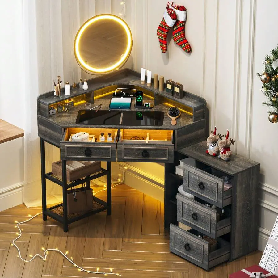 Corner Vanity Desk With Lighted Rotating Mirror And Lights, Glass Top Makeup Vanity With Corner Shelf&5 Drawers, Girls Vanitys With Charging Station,Jewelry Bedroom,White