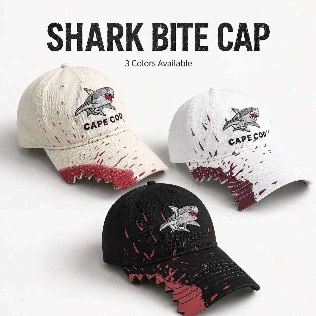 Streetwear Shark Embroidery Baseball Cap Retro Washed Cotton Dad Hats Personality Cut-out Visor Hip Hop Snapback Outdoor Cap