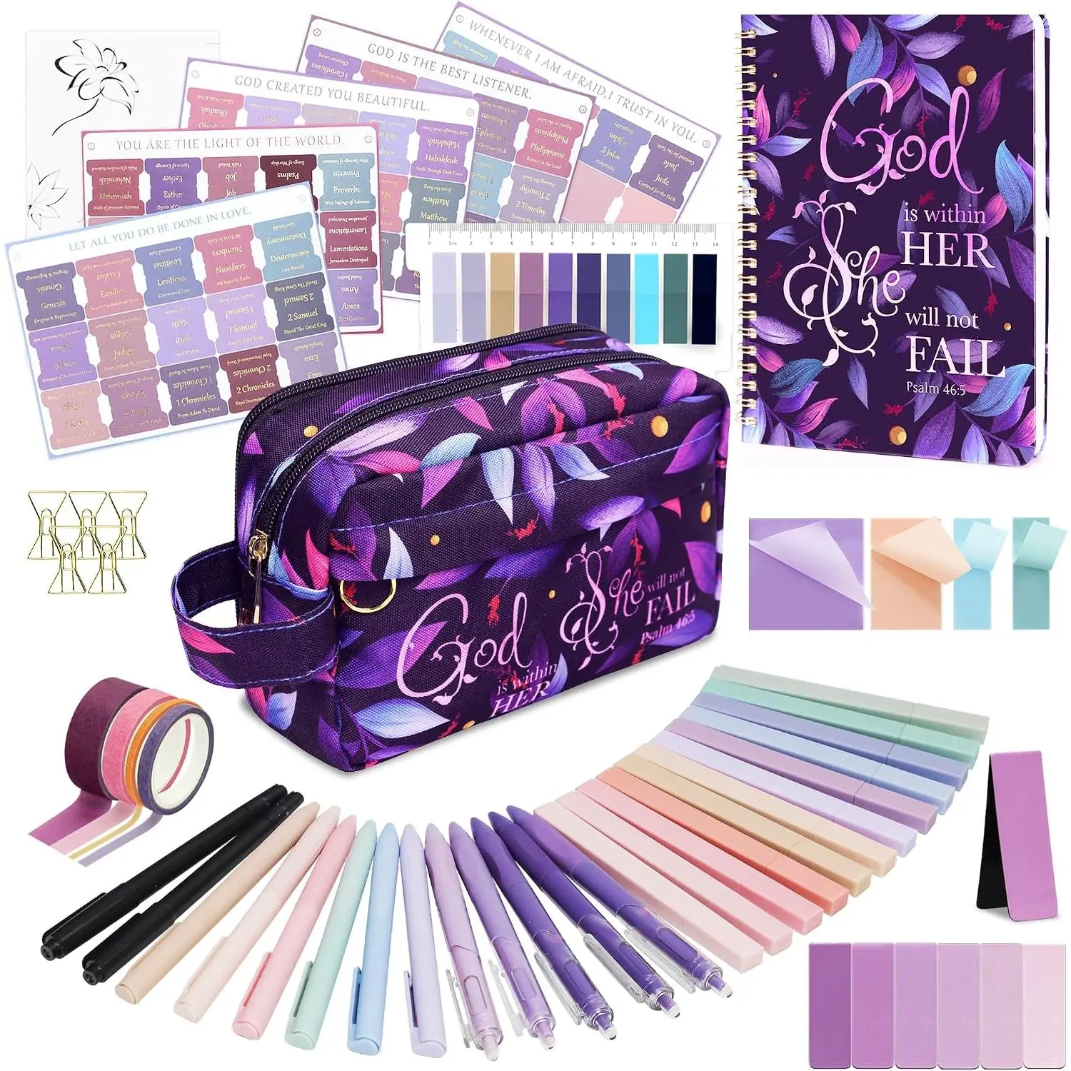 48 count  Study Supplies for Women,  Journaling Kit Includes  Pencil Case, Tags, Pens, Highlighters, 4 Color Clear Sticky Notes, Notebook, 15 Clips, 4 Rolls of Washi Tape &  ()