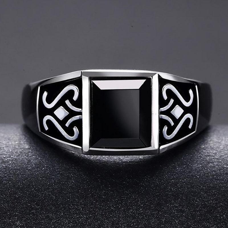 New silver advanced creative geometric diamond inlaid black agate gemstone men's lady domineering exaggerated adjustable ring