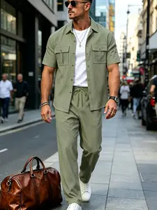 Men's High-Quality Linen Set, Button Shirt Design with Drawstring Pants, Essential Summer, Casual, Shopping, Dating, Travel, Daily Wear