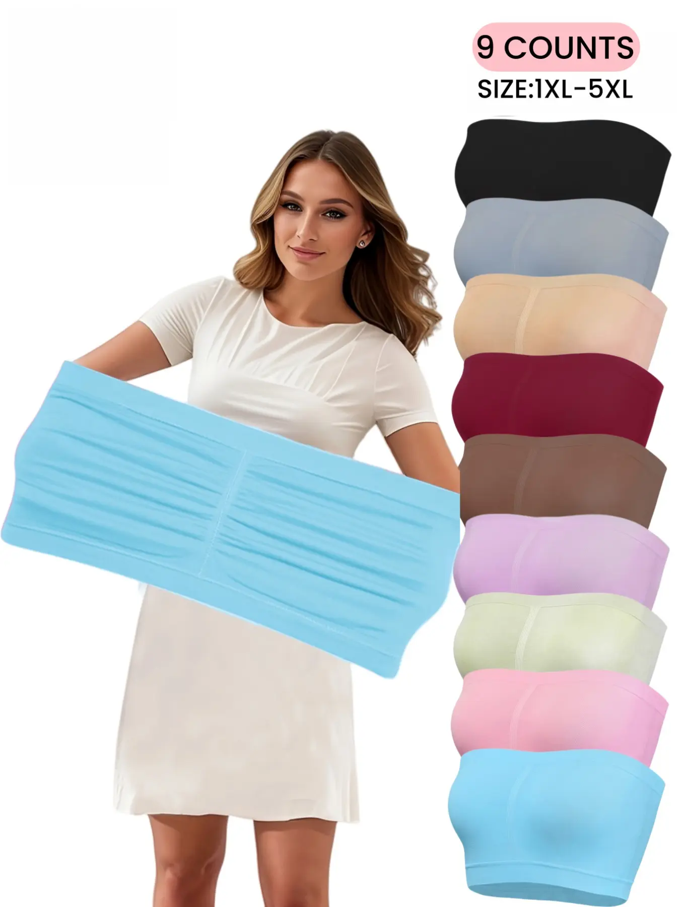 【Plus Size】Women's Solid Bandeau Bra, Casual Comfortable Breathable Tube Top for Daily Wear, No Padding,Women's Plus Size Lingerie for All Seasons, Strapless Bra With Shirt&Dres,Basic Tube Top,Backless Strapless Vest, Elastic Waistband