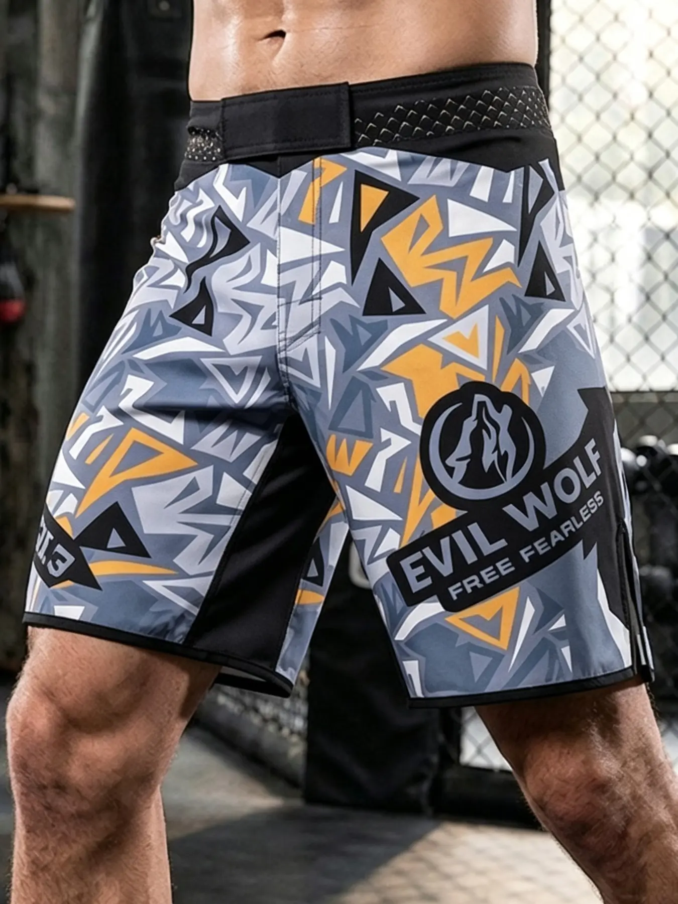 Men's Professional MMA Shorts, Quick Dry BJJ Fighting Combat Shorts, Evil Wolf Graphic Training Shorts with Side Slit, Gym Workout Shorts, Fitness Workout Shorts, Cool Sports Shorts