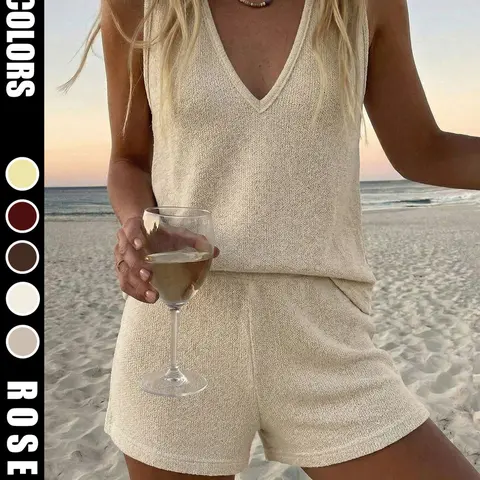 Women's Loose-Fit Baggy Knit Two-Piece Set Suits, V-Neck Sleeveless Tank Top & Knitted Shorts for Beach, Casual Fashion Summer Wear, Comfortable and Stylish Beachwear