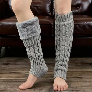 2 Pairs Women's Cable Knit Leg Warmers, Thick Fleece Lined Warm Winter Leg Warmers, Convertible Cuff Soft Cozy Knit Boot Cuffs for Indoor Outdoor Daily Wear