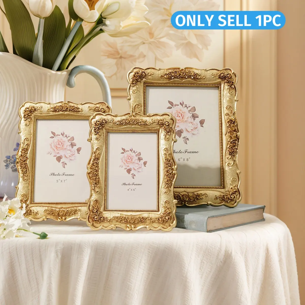 European Style Rose Relief Decorative Picture Frame, 3D Rose Pattern Photo Display Frame, Home Photography Prop, Sturdy Frame Design, Ornament Picture Frames, Photo Frames For Wall, Floral Picture Frame