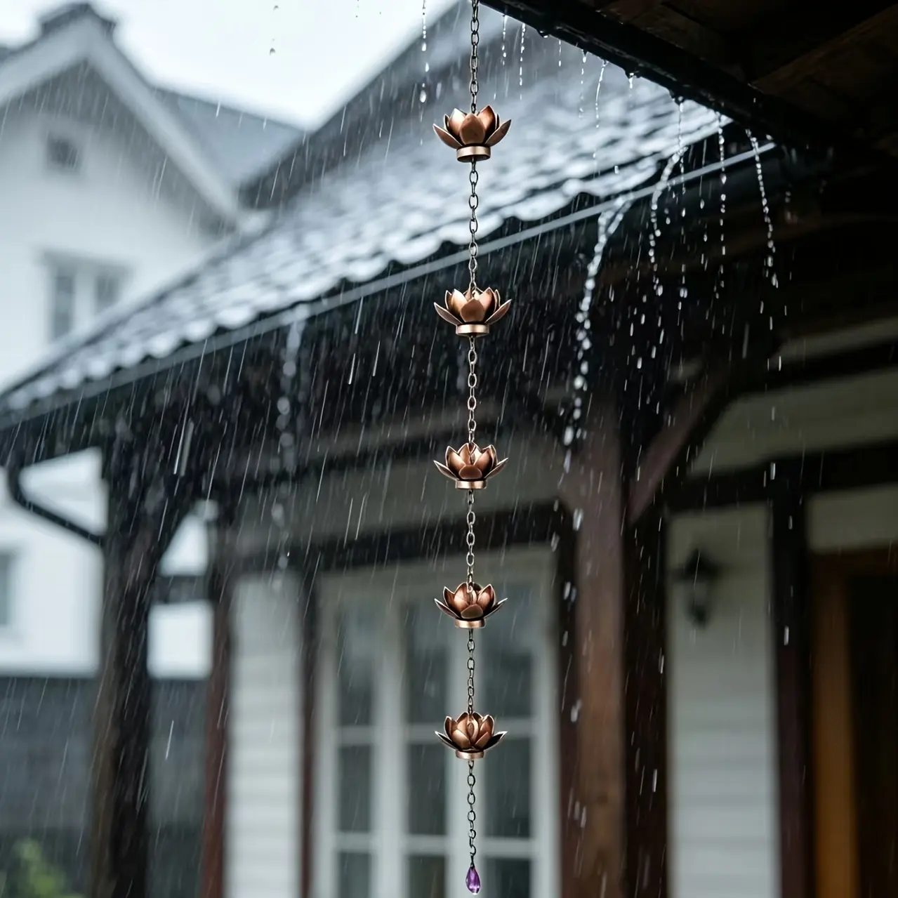 Lotus Rain Chain, Vintage Metal Rain Chain for Gutters, Decorative Lotus Rain Cups, Replace Downspout, Rainwater Diverter for Eaves, Villa, Courtyard, Garden, Patio, Home Decor, Copper & Black Color Options