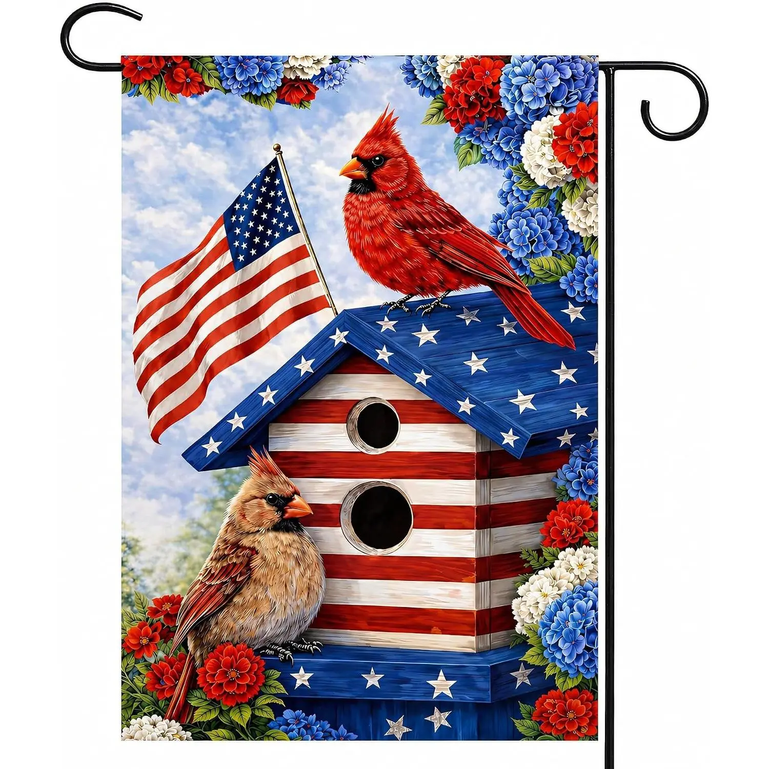 4th of July Decorations - Cardinal Birdhouse Garden Flag | Double Sided Patriotic American Flag for Memorial Day Outdoor Outside Yard - 250th Anniversary USA Celebration Fourth of July DecorGift