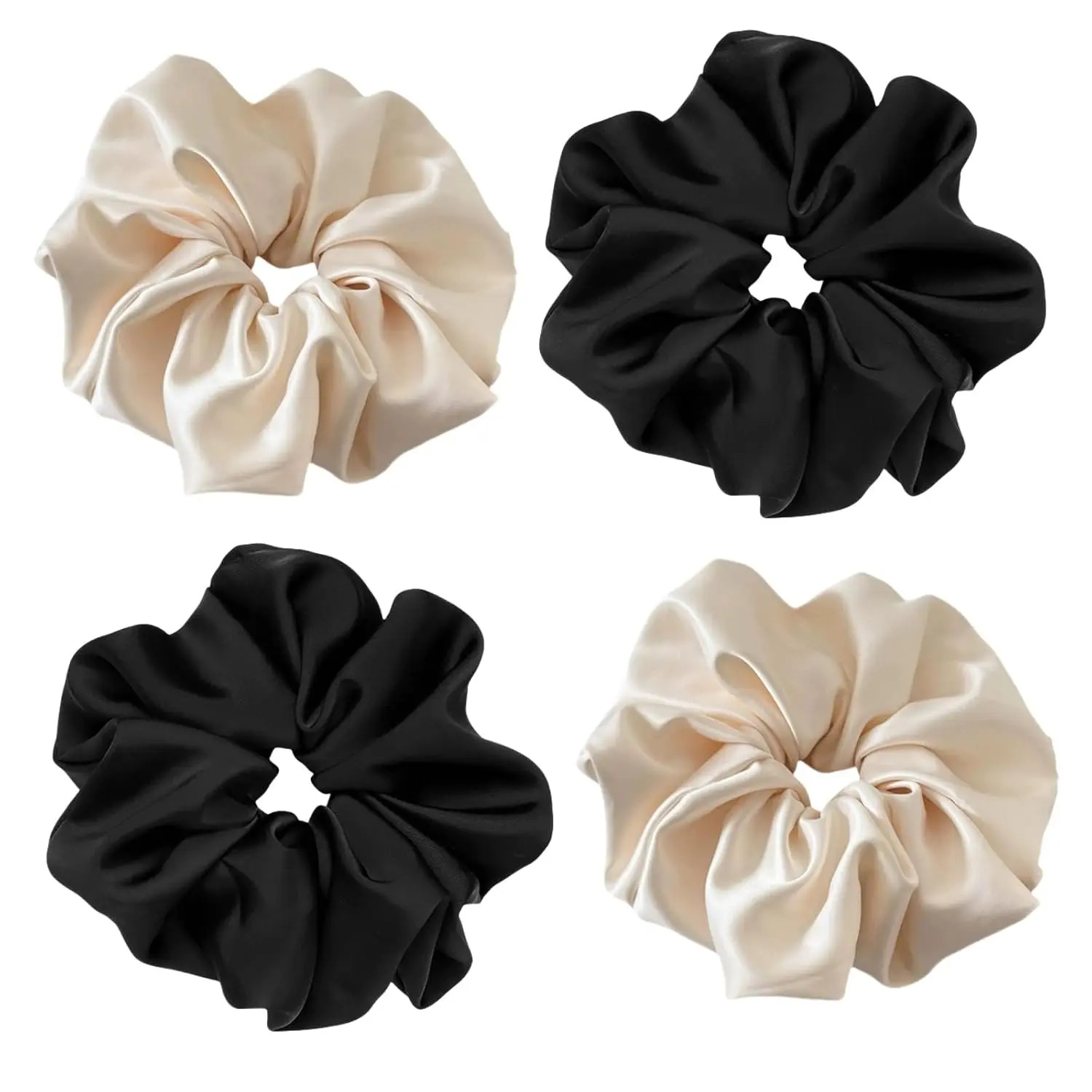 4 count  Satin Silk Scrunchies for Women 7.2 Inches Large Oversize Scrunchies For Thick Hair Elastic Hair Ties (Black Beige Mix)