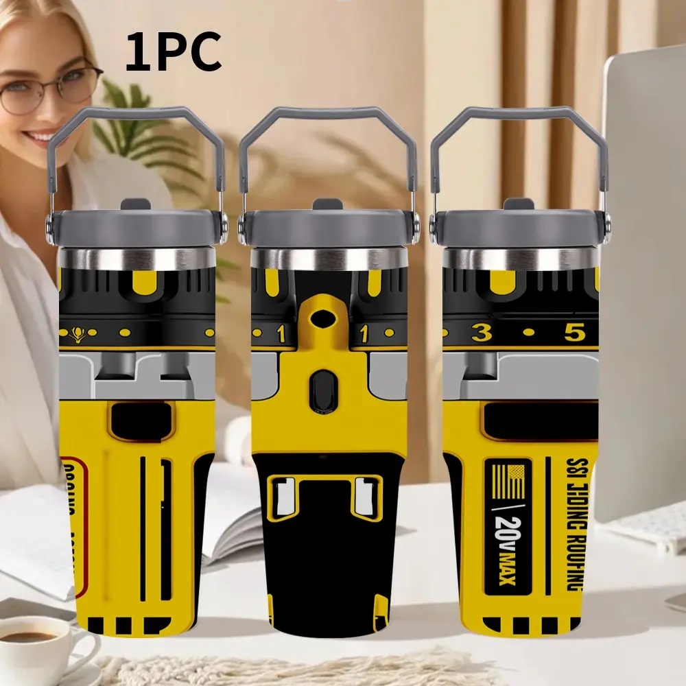 1pc 30oz Insulated Cup with Drill Print, 304 Stainless Steel, Large Capacity Straw Ice Mug, Mechanical Enthusiast Travel Water Bottle