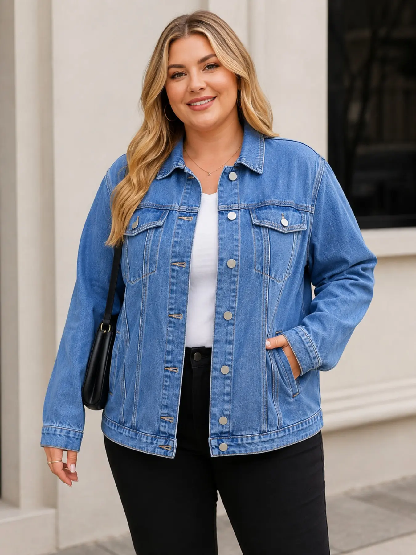 Plus Size Women's Light Blue Washed Denim Jacket, Classic Lapel Button Four Pockets Casual Loose Fit Jeans Coat, Everyday Wear Casual Collared Outerwear