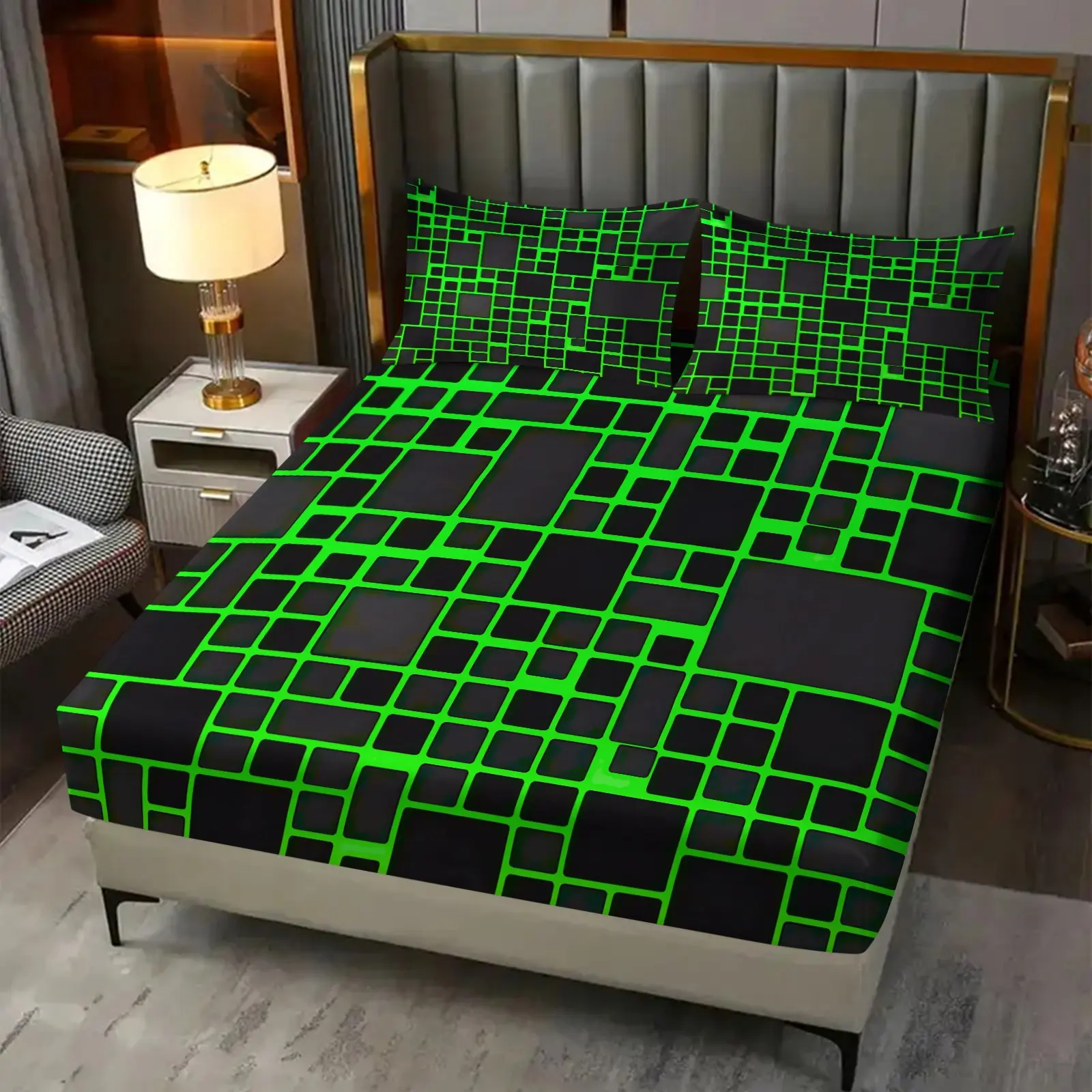 Green and Black Neon Grid Esport Style Print Fitted Sheet Set 3-Piece-High Elastic Soft Microfiber Mattress Protector-Punk Style Bedding-Ideal for Teenage Boys' Bedroom Gaming Room and Dorm Decor
