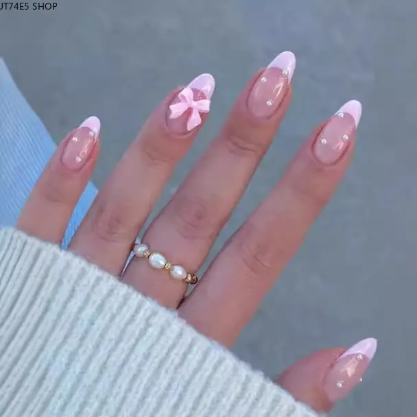 Handmade Press On Nails, Pointed French Teardrop Design with 3D Pearls & Bows, Ice Transparent Pink Reusable Tips, Easy Attach, Ice Transp., One Set