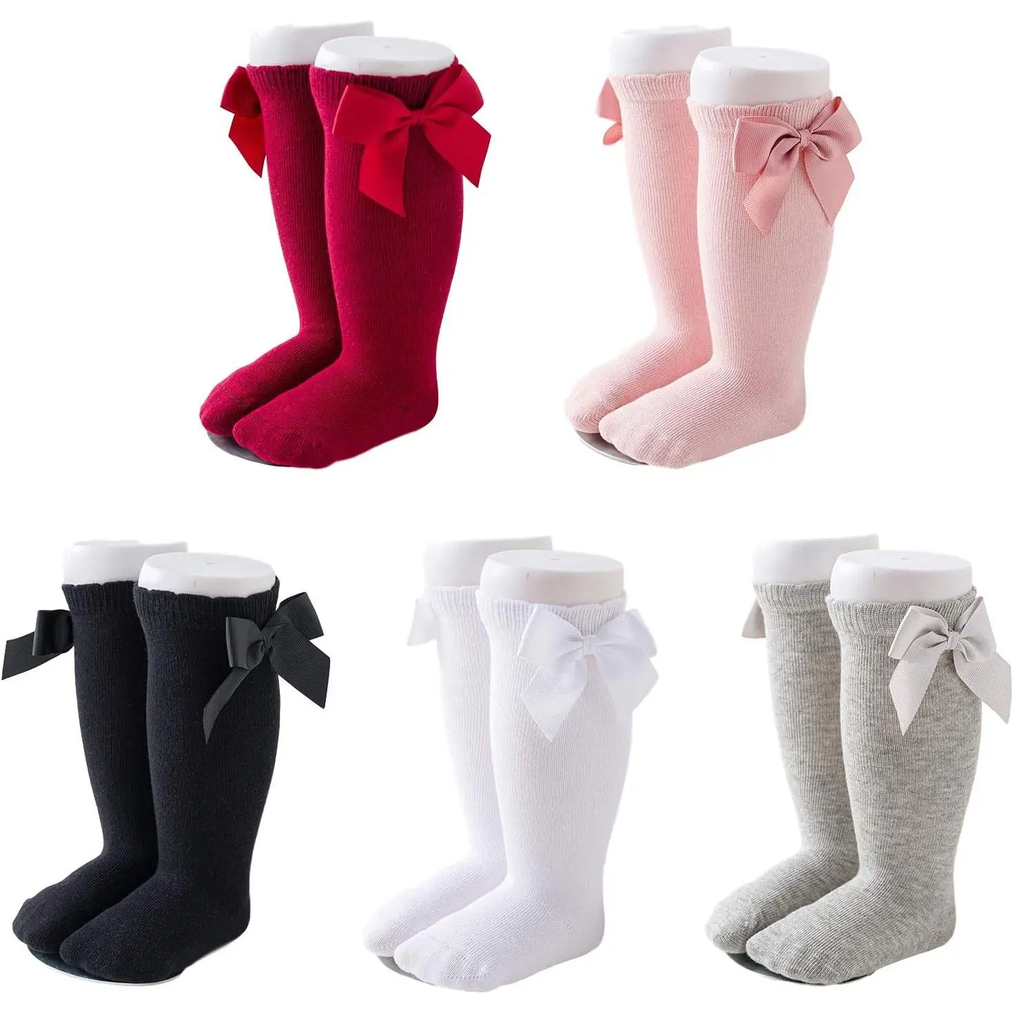 Baby Girls' Cotton Knee-High Ruffled Bow Tube Knit Stockings, 5 Pairs for Infants-Toddlers, Affordable Prices, Prop 65 Safe, No Warning Applicable, Reliable Service, Knee High Socks
