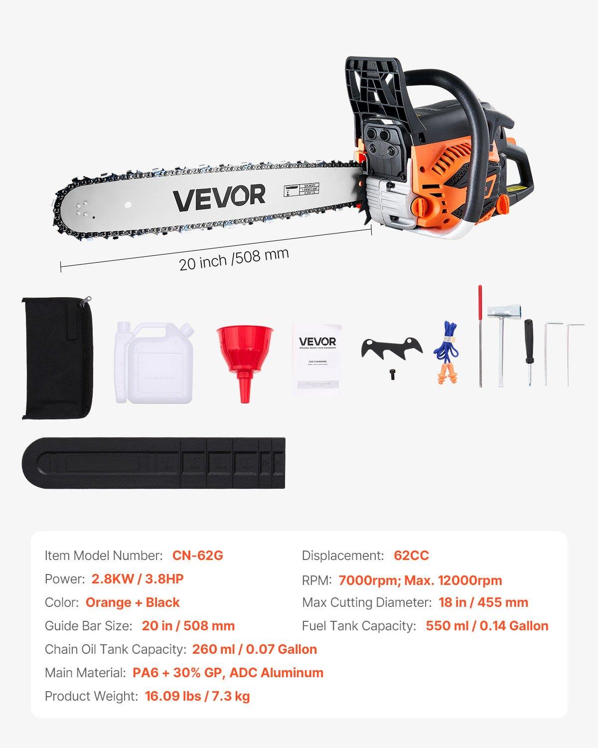 VEVOR 62 cc Gas Chainsaw, 20 inch Gas Powered Chainsaw, 3.8 HP Power Chain Saw with Non-Slip Handle, Gas-Powered Chainsaws with Dual Fuel Tanks, For Wood Cutting, Tree Trimming, and Land Clearing