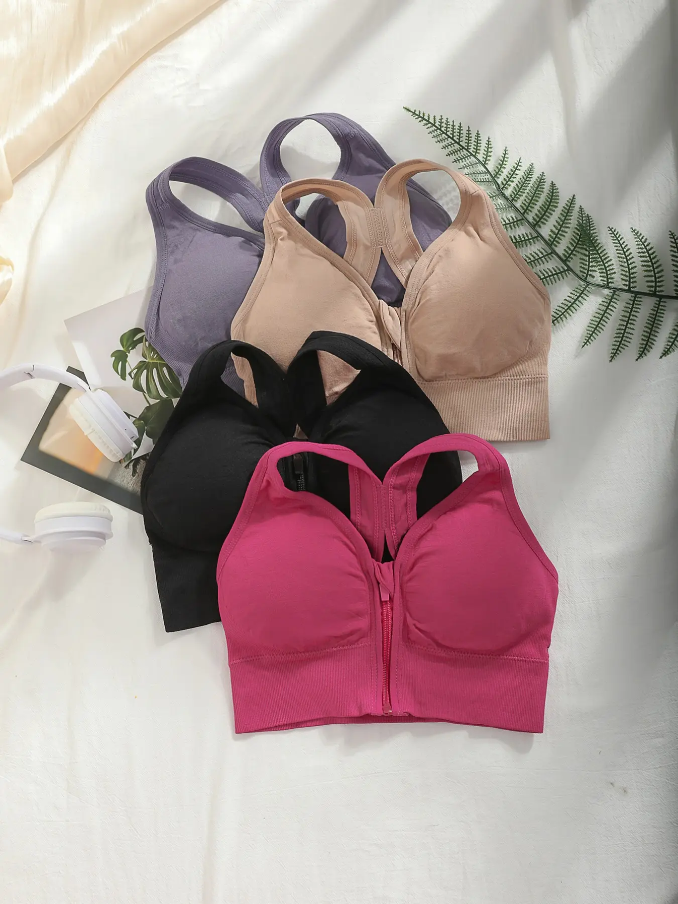 Four-Piece Front Zip Bra Set, X-Back Strapless Lingerie, Removable Pads, Sporty Style, All Seasons, Women's Underwear, Sports Bra Pack