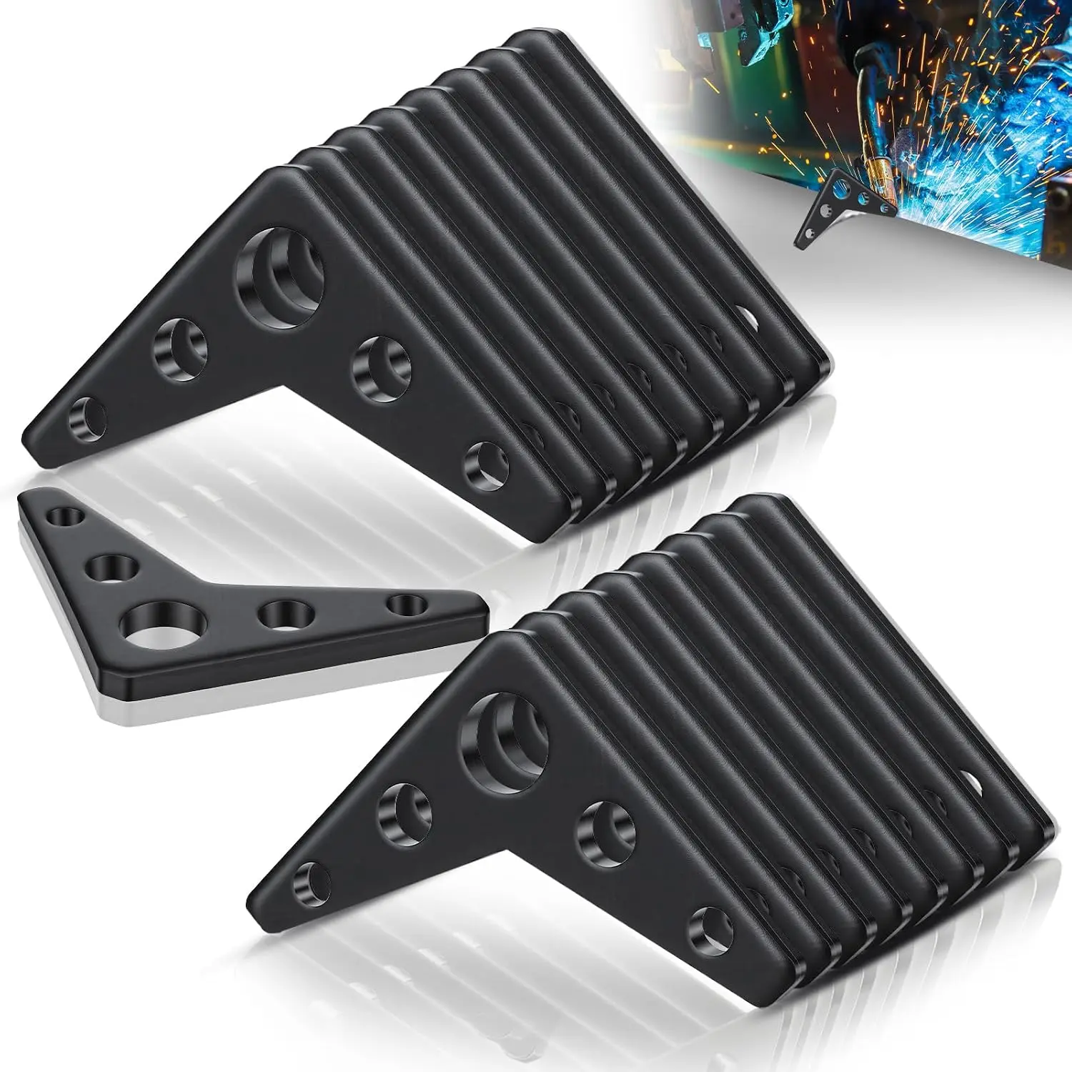 10 Pack 1/4" Thick Steel Weld  Gussets, 3"x3" Heavy Duty 90- Triangle Tabs, 5 Hole Metal Reinforcement Plate for Welding Table Accessories & Structural Support (Black)