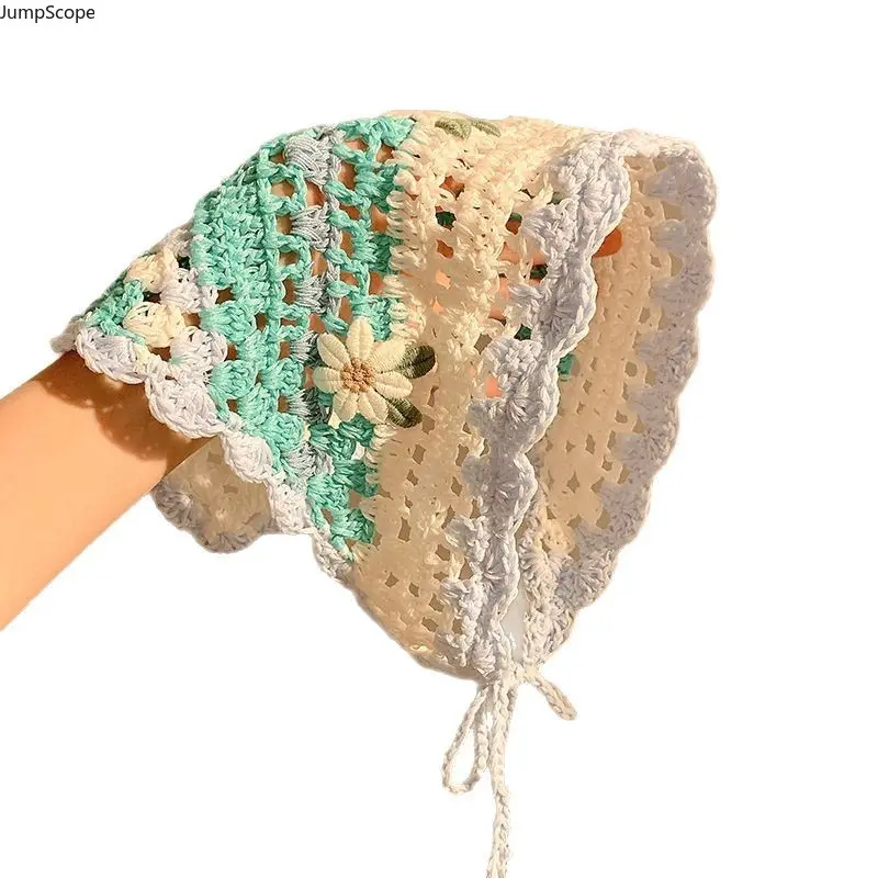 Crochet Tie Back Bandana, Vintage Floral Triangle Hair Scarf for Women, Sentimental Gift for Picnics and Beach Trips, Sentimental Gifts, For Her, Female, Beach Wear, Crochet Fabric, Floral Pattern, Triangle Shape