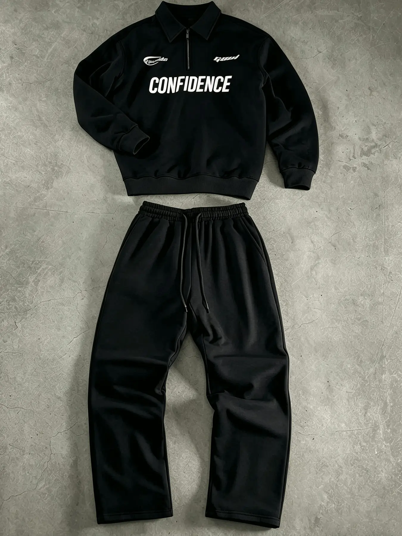 Men Confidence Letter Print Half Zip Polo Collar Sweatshirt 2 Piece Matching Set Solid Black Loose Wide Leg Sweatpants Casual Tracksuit