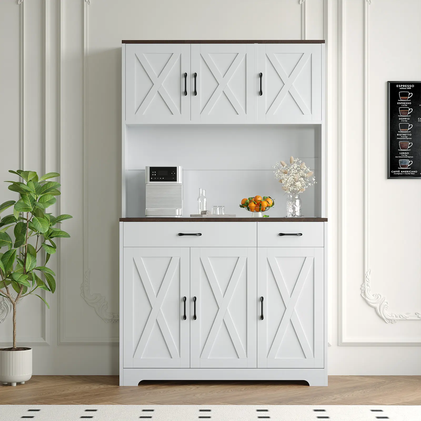 Garvee White Farmhouse Kitchen Pantry Cabinet with Charging Station, 71" Tall Freestanding Hutch with Microwave Stand & Drawers for Dining Room and Living Room Storage