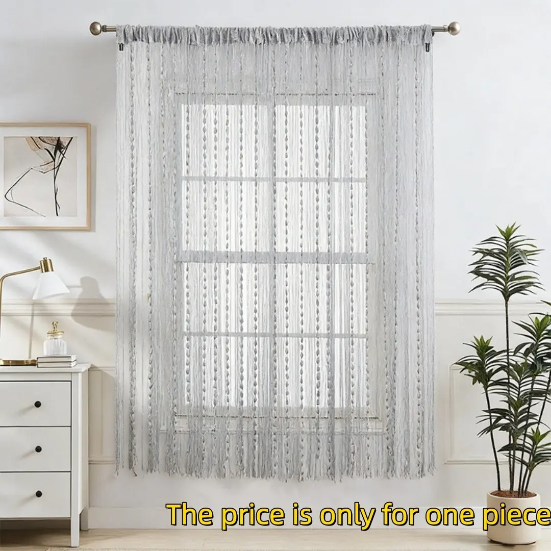 Silver Thread String Curtains, Door Panel with Pom for Living Room Divider, 1 Panel