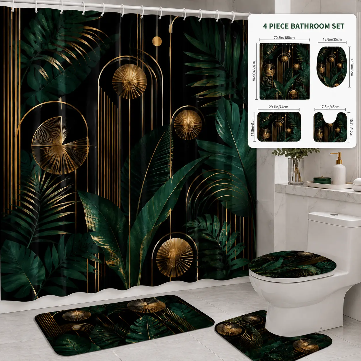 1/4pcs Tropical Bathroom Set, Bathroom Decor And Accessories, Bathroom Decoration Accessories - Dark Green Shower Curtain Sets with Golden Palm Leaves & Circles, 2 Bath Mats, Toilet Seat Cover (12 Hooks) - White Tile Bathroom Aesthetic Bathroom Accessory