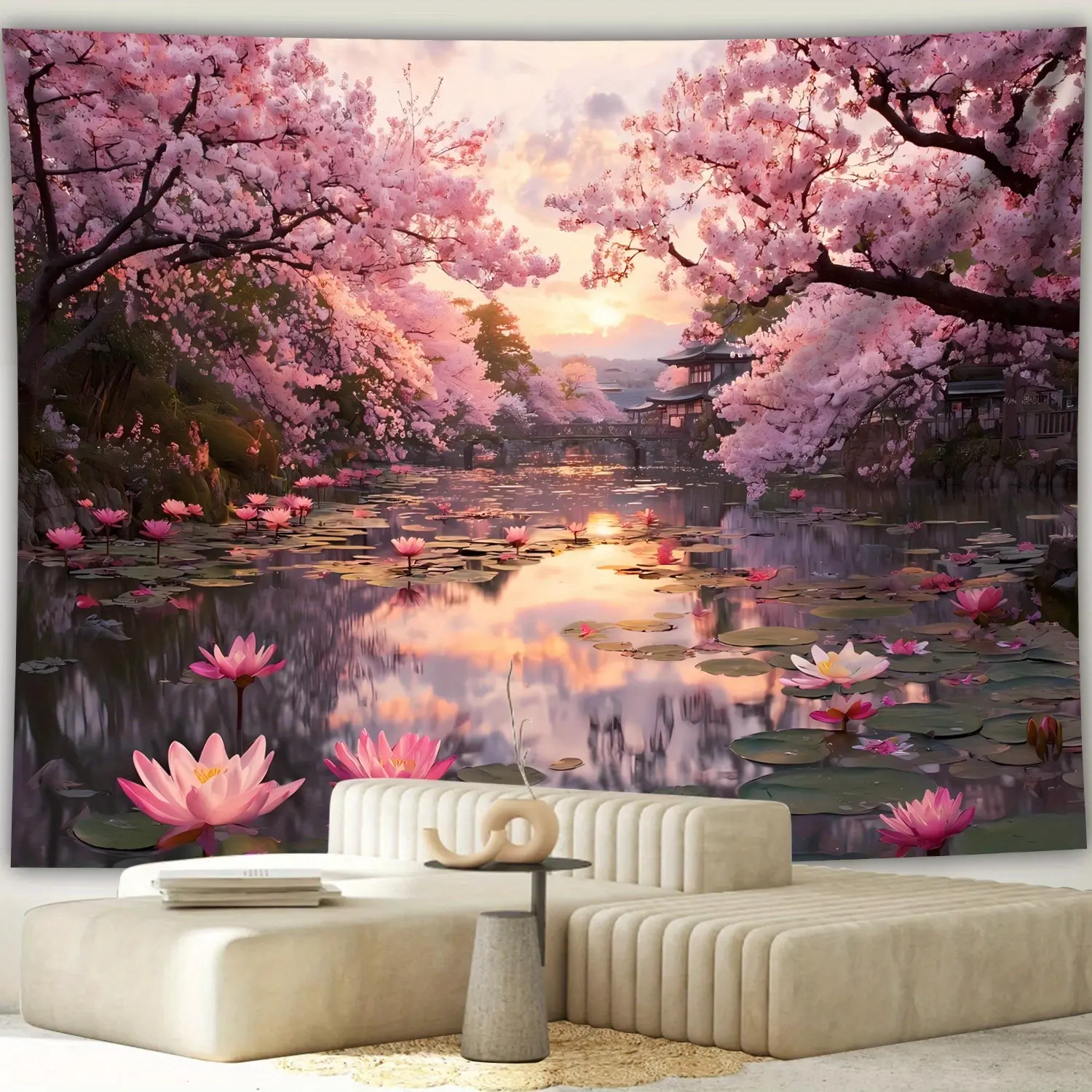 2D Flat Sunset Cherry Blossom Lake Banner | Romantic Pink Sakura Nature Wall Backdrop | Single-Sided Polyester | Metal Grommets for Easy Hanging | Perfect for Living Room, Bedroom, Home Office, Photography Studio, Wedding, Party & Spring Decor