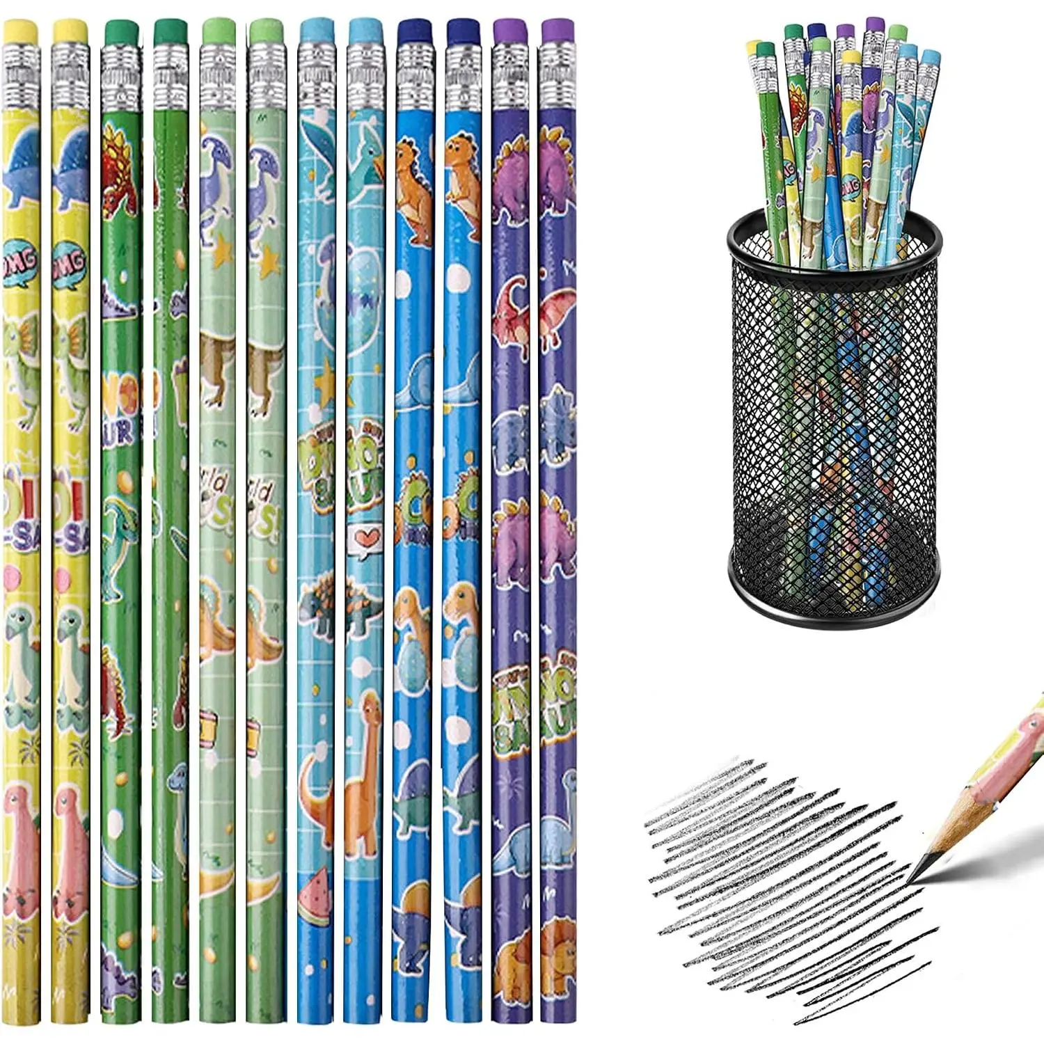 12 count Dinosaur Pencils, Fun Dino Pencils with Eraser | Colorful Novelty Wooden Pencil Set for Dinosaur Themed Birthday Party Favors,School Classroom Rewards Gifts
