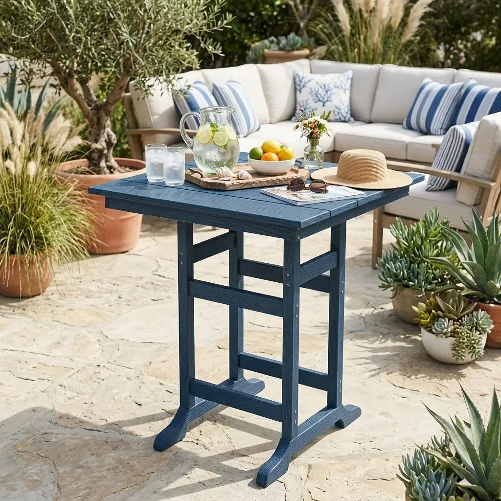 Bar Table – All-Weather HDPE Square Outdoor Side Table with Umbrella Hole, High Top Bistro Table for Patio, Garden, Balcony, Deck, Porch, Fits 2-4, Blue/Black/Brown