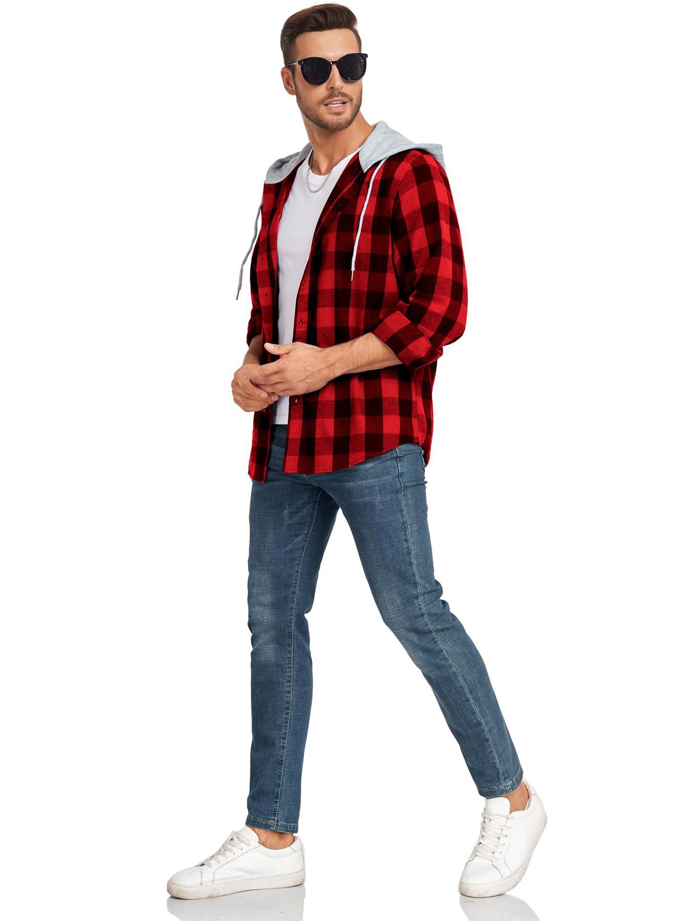 [Plus Size] Plaid Gingham Checkered Patchwork Button Front Hooded Jacket, Casual Streetwear Regular Fit Long Sleeve Drawstring Pocket Outerwear for Fall & Winter, Men's Clothes for Daily Wear Checked Fitted