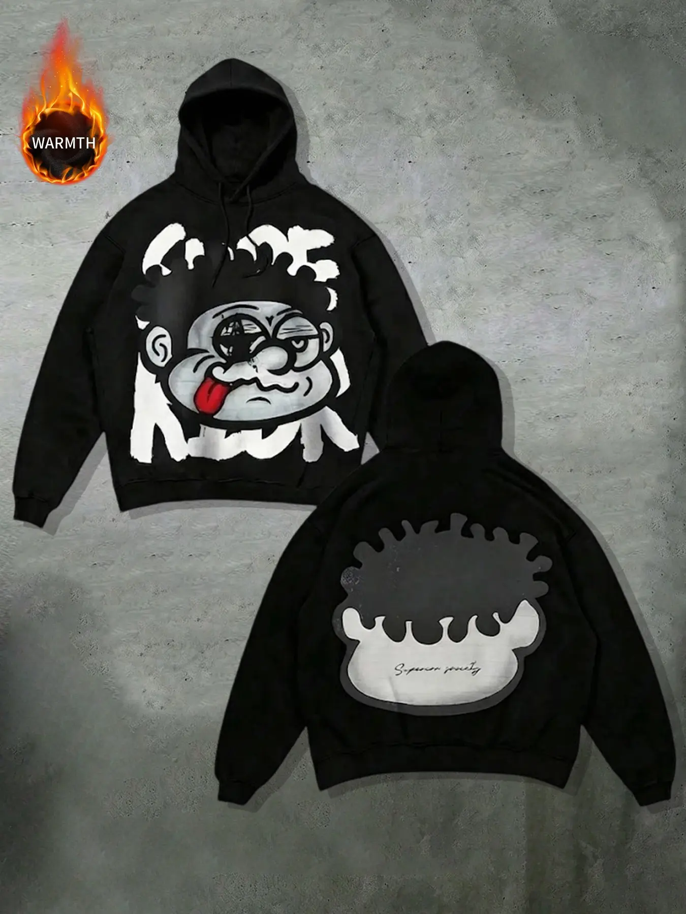 Cartoon Graffiti Print Hoodie Men Casual Vintage Streetwear Hooded Sweatshirt