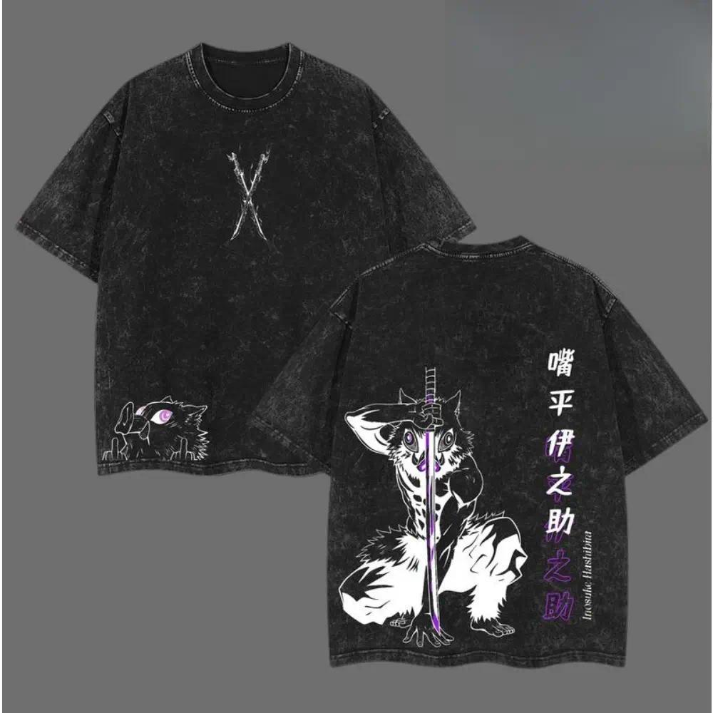 Retro Vintage Inosuke Hashibira - Demon Slayer Anime Double Printed Vintage Washed Tee Unisex Oversize Anime Manga Washed Heavyweight Cotton T-shirt, Gift For Anime Fan, Anime Lover Unisex 100% Cotton T-shirt