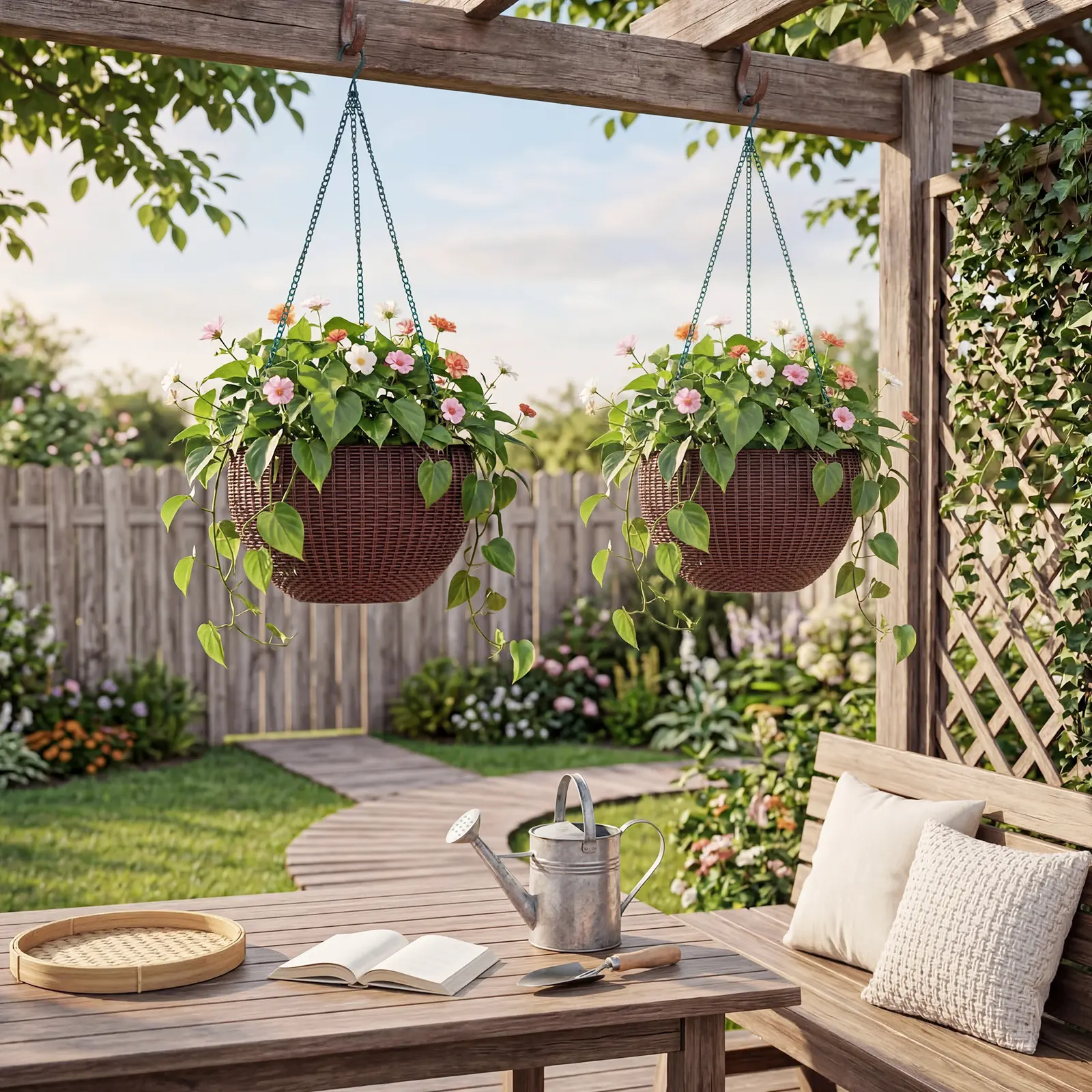 Garvee Self-Watering Rattan-Style Hanging Planter Basket - 14 in Round Resin Woven Look, Deep Inner Pot, Drainage Plug, Sturdy Triple-Chain Hanger, Indoor/Outdoor