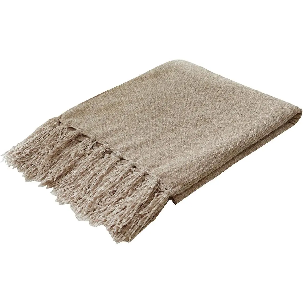 Light Taupe Chenille Throw Blanket for Couch Bed,Soft Cozy Throw Blanket with  Fringe, Decorative Blanket for Sofa Chair Living Room for