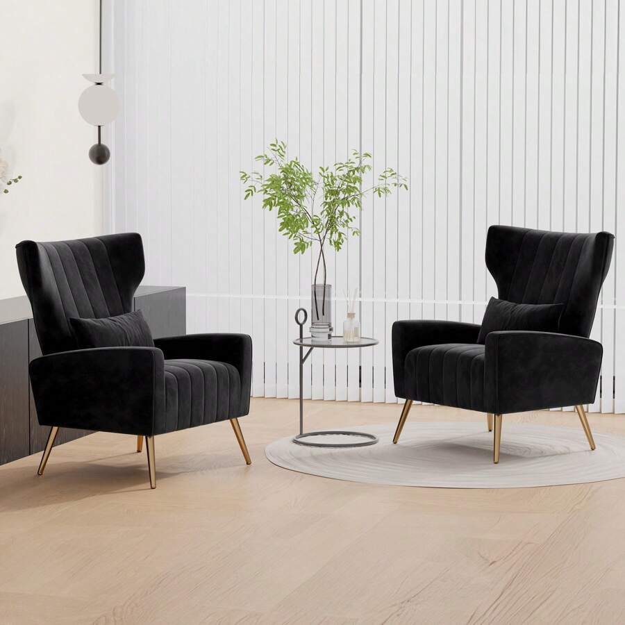 Mid Century Modern Velvet Accent Chair, Comfy Upholstered Reading Armchair with Metal Legs & Spring Cushion Support, for Living Room Bedroom